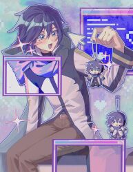 1boy :d belt black_shirt blue_eyes blue_hair blue_scarf blush brown_pants charm_(object) chibi chibi_inset cursor hair_between_eyes highres jacket k1ui1 kaito_(vocaloid) kaito_(vocaloid3) male_focus multicolored_shirt open_clothes open_jacket open_mouth pants pixel_art revealing_layer scarf shirt short_hair sitting smile solo vocaloid window_(computing)