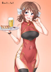 1girl ahoge alcohol alternate_costume anti_(untea9) beer black_thighhighs braid braided_hair_rings breasts brown_hair china_dress chinese_clothes chougei_(kancolle) cross-laced_clothes cross-laced_dress dress dumpling food gradient_background grey_eyes hair_ribbon hair_rings highres jiaozi kantai_collection large_breasts long_hair navel one-hour_drawing_challenge red_background red_dress ribbon solo standing thighhighs twin_braids