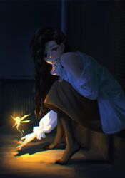 Rule 34 | 1girl, absurdres, black eyes, black skirt, braces, chromatic aberration, dark, fairy, glowing, highres, indoors, leaning forward, long hair, long skirt, long sleeves, looking at viewer, moondown (twtmoondown), pantyhose, reverse:1999, shadow, sidelighting, sitting, skirt, tooth fairy (reverse:1999), wavy hair