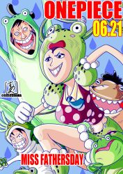 Rule 34 | 1girl, 2boys, animal costume, black hair, character name, clenched hand, commentary request, copyright name, dated, facial hair, frog, frog costume, gloves, goatee, highres, kinemon, looking ahead, miss father&#039;s day, monkey d. luffy, multiple boys, narrow waist, one piece, pink lips, scar, scar on face, short hair, smile, sssssuama, water drop, white gloves, yokozuna (one piece)