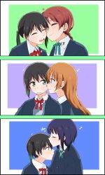 3koma 4girls ^_^ asaka_karin black_hair black_jacket blazer blush braid braided_ponytail brown_hair closed_eyes closed_mouth collared_shirt comic dress_shirt emma_verde face-to-face freckles gradient_hair green_eyes green_hair green_ribbon grey_sweater hair_between_eyes hair_ornament hairclip heart highres jacket kiss kissing_forehead konoe_kanata light_frown love_live! love_live!_nijigasaki_high_school_idol_club multicolored_hair multiple_girls musical_note neck_ribbon nijigasaki_school_uniform open_clothes open_jacket open_mouth profile purple_eyes quarter_note red_ribbon ribbon school_uniform shirt short_hair short_twintails smile sweater takasaki_yu twintails upper_body wakahima white_shirt yuri