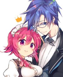 1boy 1girl alternate_costume bad_id bad_twitter_id blue_hair bow bowtie butler chaos;child cosplay enmaided formal_clothes looking_at_viewer maid maid_headdress miyashiro_takuru onoe_serika pink_hair red_eyes rotte_(1109) shirt sidelocks smile suit white_shirt
