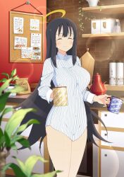 1girl ^_^ black_hair breasts brick_wall bulletin_board casual chest_of_drawers closed_eyes coffee coffee_mug container cup dirt halo highres holding holding_cup indoors kettle kitchen large_breasts lens_flare light_particles loaded_interior long_hair long_sleeves mug no_pants note official_art paper plant potted_plant pushpin ryouki_(senran_kagura) senran_kagura senran_kagura_estival_versus senran_kagura_new_wave shirt smile solo sparkle standing striped_clothes striped_shirt vertical-striped_clothes vertical-striped_shirt very_long_hair vines white_shirt yaegashi_nan