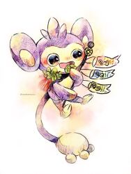 aipom animal_focus black_eyes bright_pupils colored_pencil_(medium) eating food full_body gen_2_pokemon highres koinobori mochi nintendo no_humans non_(kumakawayusu) open_mouth pokemon pokemon_(creature) simple_background solo traditional_media twitter_username white_background white_pupils windsock