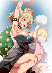 2girls arm_up armlet armpits bare_arms bare_legs bare_shoulders black_dress blonde_hair blue_eyes bouncing_breasts bowsette breasts character_name cheering cleavage collar collarbone crown dated dress earrings fang forked_eyebrows hair_between_eyes highres holding holding_pom_poms horns jewelry knee_up large_breasts long_hair looking_at_another looking_at_viewer mario_(series) medium_breasts motion_blur multiple_girls new_super_mario_bros._u_deluxe nintendo nyuu_(manekin-eko) open_mouth outstretched_arm pom_pom_(cheerleading) pom_poms ponytail princess_peach shiny_skin sidelocks sleeveless sleeveless_dress slit_pupils smile solo_focus sparkle spiked_armlet spiked_collar spikes strapless strapless_dress super_crown thick_eyebrows tsurime turtle_shell uppercut