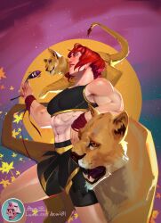 1girl abs absurdres animal animal_on_shoulder artist_name arya48 blush breasts cat_teaser highres leaf leaf_background lion looking_to_the_side marisa_(street_fighter) muscular muscular_female red_hair shorts shorts_under_skirt skirt small_breasts solo street_fighter street_fighter_6 tank_top yarn