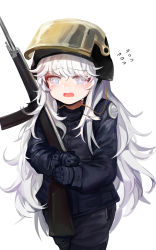 1girl absurdres alternate_costume assault_rifle automatic_rifle black_gloves black_headwear black_jacket black_pants blue_eyes blush dokomon flying_sweatdrops girls&#039;_frontline gloves gun hair_between_eyes helmet highres jacket long_hair long_sleeves name_connection hugging_object object_namesake open_mouth pants puffy_long_sleeves puffy_sleeves ribeyrolles_(girls&#039;_frontline) ribeyrolles_1918 rifle simple_background sleeves_past_wrists solo tears very_long_hair visor wavy_mouth weapon white_background white_hair