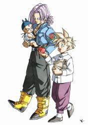 3boys apple baby black_pants black_shirt blonde_hair blue_eyes boots carrying carrying_baby carrying_person cropped_jacket denim denim_jacket dragon_ball dragonball_z food fruit green_eyes grey_background highres holding holding_food holding_fruit jacket kakeru_(dbskakeru) medium_hair multiple_boys pants purple_hair purple_pants shirt simple_background son_gohan spiked_hair trunks_(dragon_ball) trunks_(future)_(dragon_ball) white_jacket yellow_boots