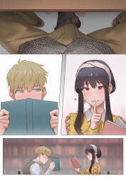 1boy 1girl alternate_costume aqua_eyes black_hair black_pantyhose blonde_hair blush book bulge chair chocorut earrings erection erection_under_clothes finger_to_mouth footjob footjob_over_clothes grey_hairband hairband heart hetero highres holding holding_book index_finger_raised jewelry library pantyhose patreon_username public_indecency red_eyes shirt short_hair shushing spy_x_family stealth_footjob sweater table trembling twilight_(spy_x_family) under_table yellow_shirt yor_briar