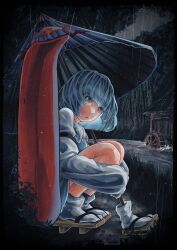 1girl aqua_skirt aqua_vest blue_eyes blue_hair building dark_background dirt foliage geta grass heterochromia highres holding holding_umbrella hugging_own_legs karakasa_obake knees_up long_tongue purple_umbrella rain red_eyes river riverbank skirt socks solo squatting tatara_kogasa tongue touhou umaieokakitai umbrella water_wheel white_sleeves white_socks willow