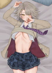 1girl absurdres arm_behind_head blue_skirt blush breasts brown_hair clothes_lift commentary_request from_above girls&#039;_frontline girls&#039;_frontline_2:_exilium hair_over_one_eye hand_to_own_mouth highres hip_focus jacket jacket_lift light_frown long_sleeves looking_at_viewer lying medium_breasts medium_hair midriff miniskirt moriyama_a navel necktie no_bra on_back open_clothes open_jacket pleated_skirt shirt shirt_lift skirt solo stomach underboob vector_(girls&#039;_frontline) vector_(girls&#039;_frontline_2) vector_(vivi_sometimes_hides_her_molotovs)_(girls&#039;_frontline_2) white_shirt yellow_eyes