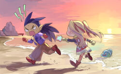 1boy 1girl 1other animal backpack bag baggy_pants beach black_hair black_shirt blank_eyes blonde_hair boots brown_boots chasing commentary_request dragon_quest dragon_quest_builders_2 dress dusk female_builder_(dqb2) floating_clothes floating_hair fringe_trim gloves hair_horns hair_pulled_back hair_ribbon holding holding_animal jewelry low_ponytail marine_slime neckerchief necklace no_pupils oboro_keisuke open_clothes open_mouth open_shirt orange_pants pants pointy_ears ponytail profile purple_shirt red_boots red_dress red_gloves red_ribbon ribbon running scared shirt shirt_under_dress sidoh_(dqb2) smile spiked_hair starfish sunset sweatdrop tooth_necklace twintails two-tone_dress water white_dress yellow_gloves yellow_neckerchief