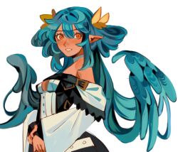 1girl bare_shoulders blue_hair borcheim breasts cleavage dizzy_(guilty_gear) guilty_gear guilty_gear_xrd hair_ribbon hair_rings long_hair long_sleeves open_mouth pointy_ears red_eyes ribbon smile solo twintails wings yellow_ribbon