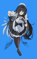 1girl absurdres alternate_costume apron bespectacled black_dress black_hair black_pantyhose blue_background breasts closed_mouth commentary dress english_commentary enmaided feather_hair glasses hair_intakes hand_up highres large_breasts leaning_forward long_hair looking_at_viewer lufi_ays maid maid_headdress making-of_available official_alternate_costume pantyhose round_eyewear simple_background smile solo split_mouth tacet_mark_(wuthering_waves) very_long_hair wuthering_waves yangyang_(wuthering_waves)