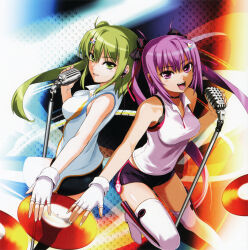 Rule 34 | 2girls, absurdres, bare shoulders, beatmania iidx, beatmania iidx 19 lincle, bemani, breasts, goli matsumoto, green eyes, green hair, hair between eyes, hair ornament, highres, holding, holding microphone, kitami erika, long hair, medium breasts, microphone, mizushiro celica, multiple girls, official art, open mouth, outstretched arm, pink eyes, pink hair, side ponytail, teeth, thighs, twintails, vinyl record