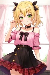 1girl bare_shoulders belt black_belt black_choker black_ribbon black_skirt blonde_hair blush breasts choker collarbone commentary_request cowboy_shot curtains daysss detached_sleeves frilled_shirt frilled_skirt frills green_eyes hair_ribbon hand_up highres idolmaster idolmaster_cinderella_girls idolmaster_cinderella_girls_starlight_stage idolmaster_cinderella_girls_u149 indoors jirai_kei looking_at_viewer multicolored_skirt pink_nails pink_shirt plaid_clothes plaid_skirt red_skirt ribbon sakurai_momoka shirt short_hair short_sleeves skirt small_breasts smile solo tree twintails window