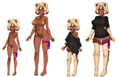 1girl :3 ahoge animal_ears animal_feet animal_hands animal_legs animal_print barb-tan barbariank barefoot bear_ears bear_girl belt_collar bikini bikini_under_clothes black_panties black_shirt blonde_hair breasts brown_hair collar commentary comparison criss-cross_halter dark-skinned_female dark_skin english_commentary full_body gluteal_fold grey_eyes hair_between_eyes halterneck highleg highleg_bikini highres large_breasts leg_ribbon looking_at_viewer multicolored_hair multiple_views navel no_pants original oversized_clothes oversized_shirt panties print_bikini purple_collar purple_ribbon ribbon see-through_clothes see-through_shirt shirt short_hair side-tie_panties simple_background single_bare_shoulder single_off_shoulder small_breasts smile standing swimsuit t-shirt thigh_ribbon two-tone_hair underwear underwear_only white_background