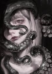 Rule 34 | 1girl, arai bokuseki, commentary, expressionless, grey hair, highres, ink, looking at viewer, original, pink eyes, short hair, slit pupils, solo, suction cups, surreal, tentacles, upper body