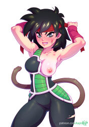 1girl angry bandana black_eyes black_hair blood breasts breasts_out dragon_ball dragon_ball_super dragon_ball_super_broly gine looking_at_viewer nipples saiyan saiyan_armor scar scar_on_face serious solo tail thick_thighs thighs torn_clothes white_background