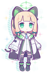 1girl :&lt; animal_ear_headphones animal_ears aqua_necktie black_boots black_jacket black_shorts black_tail black_thighhighs blonde_hair blue_archive blunt_bangs blush boots bow cat_ear_headphones cat_ears cat_tail closed_mouth collared_shirt commentary_request drop_shadow fake_animal_ears fake_tail full_body green_bow green_eyes green_halo green_jacket hair_bow halftone halftone_background halo headphones highres hood hood_down hooded_jacket jacket kinudofu1122 long_sleeves looking_at_viewer low-tied_sidelocks medium_hair midori_(blue_archive) multicolored_jacket necktie open_clothes open_jacket school_uniform shirt short_necktie short_shorts shorts sidelocks simple_background solo sparkle tail thighhighs untucked_shirt white_background white_jacket white_shirt wide_sleeves