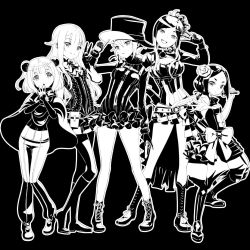 Rule 34 | 5girls, :d, :o, ange (princess principal), beatrice (princess principal), belt, black background, black headwear, black legwear, boots, bow, breasts, cape, dorothy (princess principal), dress, frills, greyscale, gun, hat, holding, holding gun, holding sword, holding weapon, knee boots, long hair, monochrome, multiple girls, open mouth, princess (princess principal), princess principal, simple background, small breasts, smile, standing, sword, taniguchi gou, toudou chise, weapon