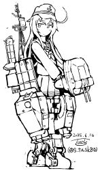 1girl adapted_turret artist_logo commentary_request dated flat_cap full_body hat hibiki_(kancolle) kantai_collection lineart logo long_hair long_sleeves machinery neckerchief one-hour_drawing_challenge pleated_skirt sailor_collar sailor_shirt school_uniform serafuku shirt skirt solo task_(s_task80) torpedo_launcher twitter_username