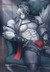 1boy abs absurdres animal_ears bara black_gloves bulge colored_tips commentary_request diffraction_spikes eyepatch fingerless_gloves furry furry_male gloves highres looking_at_viewer male_focus male_underwear multicolored_hair muscular muscular_male navel nipples one_eye_covered open_clothes open_vest pectorals prosthesis prosthetic_leg red_male_underwear sitting tail underwear vest von_lycaon wolf_boy wolf_ears wolf_tail yukihoshi zenless_zone_zero