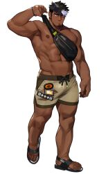 1boy abs bara biceps black_hair black_sandals bracelet dark-skinned_male dark_skin facial_hair fanny_pack floral_print full_body green_male_swimwear jewelry large_pectorals lilac_(live_a_hero) live_a_hero male_focus male_swimwear multicolored_hair muscular muscular_male necklace pectorals purple_hair sandals scar scar_across_eyebrow scar_on_face solo tarutoru thick_eyebrows topless_male transparent_background two-tone_hair