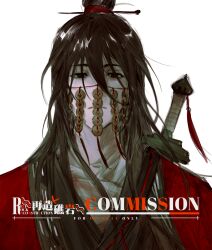 1boy absurdres birunner black_eyes black_hair black_hanfu chinese_clothes chinese_commentary closed_mouth coat coin coin_mask commission dao_gui_yi_xian hair_between_eyes hair_bun hair_ornament hair_stick hanfu highres holed_coin li_huowang long_hair looking_at_viewer male_focus mask mouth_veil red_coat red_scrunchie scrunchie second-party_source simple_background single_hair_bun solo string sword sword_on_back sword_tassel upper_body veil watermark weapon weapon_on_back white_background