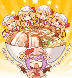 5girls :o ^_^ ascot blank_eyes bow bowl closed_eyes closed_mouth collared_shirt commentary_request flandre_scarlet food four_of_a_kind_(touhou) frilled_shirt_collar frills hair_bow hat heart heart-shaped_pupils katsu_(food) kirero mob_cap multiple_girls noodles open_mouth pink_hat pink_shirt puffy_short_sleeves puffy_sleeves purple_hair ramen rectangular_mouth red_ascot red_bow red_vest remilia_scarlet shirt short_sleeves siblings sisters star_(symbol) symbol-shaped_pupils touhou v-shaped_eyebrows vest white_hat white_shirt wrist_cuffs yellow_ascot