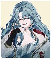 Rule 34 | 1girl, ^ ^, bare shoulders, blue hair, closed eyes, dress, facing viewer, fangs, hand up, highres, hissabeth, jacket, kyoko (kyok0 xxx), long hair, open mouth, reverse:1999, silver dress, sleeveless, sleeveless dress, snake, snake on head, solo, spaghetti strap, upper body, white jacket, yellow background