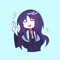 1other androgynous ascot belt belt_buckle blue_background blue_capelet blue_coat buckle capelet chibi clause_(len&#039;en) closed_eyes coat collared_shirt commentary cropped_torso dot_nose happy highres len&#039;en long_hair long_sleeves open_mouth other_focus pink_shirt pointing pointing_up purple_hair re1re133 red_belt shirt simple_background smile solo sparkle very_long_hair white_ascot wide_sleeves