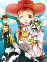 1girl animification bad_id bad_pixiv_id blush braid buzz_lightyear cowboy cowboy_hat cowboy_western cowgirl_(western) female_focus green_eyes hat highres jessie_the_yodeling_cowgirl lips one_eye_closed red_hair sheriff_woody solo toy toy_story tsukioka_tsukiho western wink