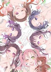 6+girls :o alternate_hairstyle bare_shoulders black_hair blue_eyes bow brown_hair circle_formation closed_mouth commentary covering_own_mouth cropped_shoulders english_commentary flower gradient_hair green_eyes grin hair_bow highres interlocked_fingers kamado_nezuko kanroji_mitsuri kanzaki_aoi_(kimetsu_no_yaiba) kimetsu_no_yaiba kochou_kanae kochou_shinobu lips long_hair looking_at_viewer mixed-language_commentary mole mole_under_eye multicolored_hair multiple_girls one_eye_closed open_mouth own_hands_together parted_bangs pink_eyes pink_flower pink_hair purple_eyes purple_hair simple_background sky_blue_025250 smile straight-on stuffed_animal stuffed_toy teddy_bear tsuyuri_kanao twintails watermark white_background wispy_bangs