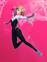 1girl aleuriel aqua_eyes artist_logo black_bodysuit blonde_hair bodysuit commentary cross-laced_shoes full_body gwen_stacy hood hood_down hooded_bodysuit logo marvel parted_lips shoes short_hair silk solo spider-gwen spider-man:_into_the_spider-verse spider-man_(series) spider-verse spider_web swinging_on_rope two-tone_bodysuit white_bodysuit zoom_layer