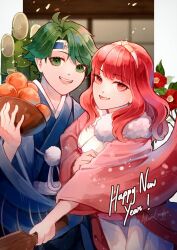 1boy 1girl alm_(fire_emblem) alternate_costume blue_kimono breasts celica_(fire_emblem) couple creyton fire_emblem fire_emblem_echoes:_shadows_of_valentia flower food fruit green_eyes green_hair hetero highres japanese_clothes kimono long_hair medium_breasts new_year nintendo orange_(fruit) orange_eyes orange_hair prince princess red_eyes red_hair short_hair tiara white_kimono