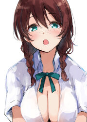 1girl :o blush braid breasts brown_hair cleavage collared_shirt commentary_request dress_shirt emma_verde freckles gengoroh green_eyes green_ribbon hair_between_eyes highres large_breasts long_hair looking_at_viewer love_live! love_live!_nijigasaki_high_school_idol_club low_twin_braids neck_ribbon nijigasaki_school_uniform open_clothes open_mouth open_shirt puffy_short_sleeves puffy_sleeves ribbon school_uniform shirt short_sleeves solo summer_uniform twin_braids upper_body white_shirt