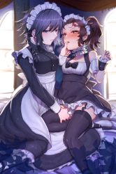 2girls absurdres alternate_costume apron arch bare_shoulders black_bow black_dress black_hair black_legwear black_skirt blue_eyes blurry bow braid breasts brown_hair choker cleavage collared_dress curtains depth_of_field detached_sleeves dress drooling earrings enmaided eyelashes feet_out_of_frame finger_to_another&#039;s_mouth flipped_hair frilled_choker frills garter_straps genderswap genderswap_(mtf) grabbing_another&#039;s_chin hair_pulled_back hakeburashi half-closed_eyes hand_on_another&#039;s_chin high-waist_skirt high_heels highres indoors jewelry kamado_tanjirou kimetsu_no_yaiba looking_at_viewer maid maid_apron maid_headdress medium_breasts miniskirt multiple_girls pantyhose parted_lips red_eyes saliva saliva_trail scar scar_on_face scar_on_forehead short_hair_with_long_locks side_braid side_ponytail single_braid sitting skirt suspender_skirt suspenders sweat tears thigh_grab thighhighs tomioka_giyuu waist_apron white_apron window wrist_cuffs yokozuwari yuri