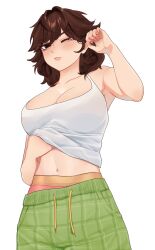 1girl armpits bare_shoulders bethy black_eyes blush breasts brown_hair checkered_clothes checkered_pants closed_mouth collarbone commentary commission commissioner_upload cowboy_shot eyelashes fingernails green_pants hair_between_eyes half-closed_eyes hand_under_clothes hand_under_shirt hand_up highres indie_virtual_youtuber large_breasts lips looking_at_viewer medium_hair midriff navel nose one_eye_closed panties pants pants_lift pink_nails pink_panties second-party_source shirt simple_background solo stomach symbol-only_commentary tank_top teardrop tomboy underwear vee_v520 virtual_youtuber waking_up white_background white_tank_top