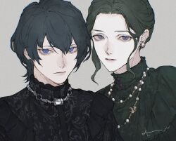 Rule 34 | 2boys, black dress, blue eyes, closed mouth, commentary request, dadadadadaist, dress, earrings, fire emblem, fire emblem: three houses, frills, green dress, green hair, grey background, hair up, highres, jewelry, linhardt von hevring, linhardt von hevring (timeskip), looking to the side, male byleth (fire emblem), male focus, multiple boys, necklace, nintendo, parted hair, side-by-side, sideways glance, upper body