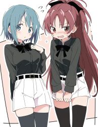 2girls alternate_costume belt black_bow black_shirt black_thighhighs blue_hair blush bow breasts embarrassed feet_out_of_frame hair_bow hand_up highres kwg long_hair long_sleeves looking_at_viewer looking_to_the_side mahou_shoujo_madoka_magica medium_breasts miki_sayaka multiple_girls open_mouth pants pink_background ponytail pout red_hair sakura_kyoko shirt shirt_tucked_in short_hair skindentation small_breasts standing sweat thighhighs white_background white_pants zettai_ryouiki