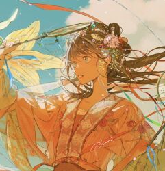 Rule 34 | 1girl, artist name, brown hair, cloud, earrings, green eyes, hair between eyes, highres, holding, illumi999, japanese clothes, jewelry, kimono, light particles, long hair, looking ahead, original, outdoors, parted lips, sidelocks, signature, sky, solo, traditional clothes, upper body