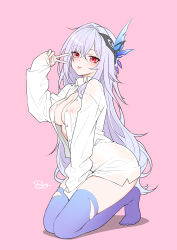 1girl absurdres blush breasts chinese_commentary collared_shirt commentary_request covered_erect_nipples full_body genshin_impact hair_between_eyes hair_intakes hair_ornament hand_up highres kneeling large_breasts long_hair looking_at_viewer naked_shirt no_shoes open_clothes open_shirt pink_background purple_hair red_eyes royboy shirt signature skirk_(genshin_impact) solo thighs tongue tongue_out v very_long_hair white_shirt