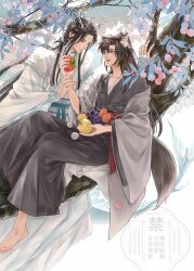 2boys absurdres ahoge alternate_hairstyle animal_ears apple barefoot black_hair black_hanfu blue_sash blue_shawl branch chinese_clothes chinese_text closed_mouth coat day dragon_boy eastern_dragon_horns eastern_dragon_tail eye_contact food fox_boy fox_ears fox_tail fruit full_body grapes grey_coat hair_ribbon hanfu headband high_ponytail highres holding holding_another&#039;s_wrist holding_food holding_fruit horns in_tree kemonomimi_mode lan_wangji leaf long_hair long_sleeves looking_at_another male_focus modao_zushi multiple_boys off_shoulder official_alternate_costume open_clothes open_coat open_mouth outdoors parted_bangs peach persimmon ponytail purple_eyes red_ribbon red_sash ribbon ribboned_xiao_guan robe sash shawl sidelocks sitting sitting_in_tree smile tail topknot tree very_long_hair w2biiro watermark wei_wuxian wei_wuxian_(yiling_laozu) white_background white_hanfu white_headband wide_sleeves xiao_guan_(headdress) yaoi yellow_eyes