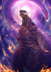 Rule 34 | claws, day, embers, fire, from below, giant, giant monster, glowing, glowing veins, godzilla, godzilla (series), godzilla (shin), highres, kaiju, long tail, looking at viewer, monster, multiple heads, no humans, nyoruniru, recolored, sea monster, sharp teeth, shin godzilla, smoke, spikes, steam, sun, tail, tail head, teeth, toho, very long tail