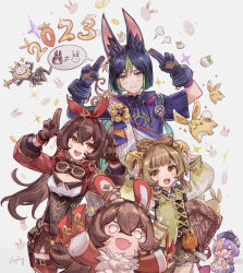&gt;_&lt; ... 1boy 2023 3girls :3 :d :i amber_(genshin_impact) animal_ear_fluff animal_ears artist_name asymmetrical_sleeves baron_bunny_(genshin_impact) basket bell belt belt_pouch black_hair bloomers blunt_bangs blush bow-shaped_hair braid brown_belt brown_eyes brown_gloves brown_hair brown_shorts carrot chinese_zodiac closed_mouth coin coin_hair_ornament commentary_request corset crossed_bangs csyday drawstring dress earrings eyelashes flower food fox_ears genshin_impact gloves goggles goggles_around_neck green_dress green_eyes green_hair hair_bell hair_between_eyes hair_ornament hair_ribbon hairband hands_up hat hilichurl_(genshin_impact) holding holding_food hood hood_down hoodie jewelry jingle_bell jitome long_hair long_sleeves looking_at_viewer medal multicolored_clothes multicolored_hair multiple_girls ofuda one_eye_covered open_mouth pouch pout primogem purple_eyes purple_hair qingdai_guanmao qiqi_(genshin_impact) rabbit rabbit_ears rabbit_pose radish red_hairband red_ribbon ribbon shirt short_hair short_shorts short_sleeves shorts shrug_(clothing) sidelocks signature simple_background single_earring sleeves_rolled_up smile speech_bubble spoken_ellipsis standing tassel teeth tighnari_(genshin_impact) two-tone_hair underwear uneven_sleeves upper_teeth_only white_background white_bloomers white_shirt yaoyao_(genshin_impact) year_of_the_rabbit yellow_flower yuegui_(genshin_impact)