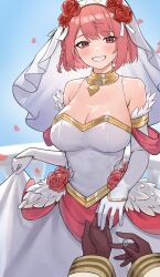 1boy 1girl absurdres breasts bridal_gauntlets bridal_veil bride cleavage commission commissioner_upload couple dress fire_emblem fire_emblem_engage fire_emblem_heroes flower gold_choker gold_trim hairband hetero highres husband_and_wife iffyru jewelry kiran_(fire_emblem) lapis_(fire_emblem) lapis_(mighty_bride)_(fire_emblem) large_breasts looking_at_viewer male_kiran_(fire_emblem) nintendo non-web_source official_alternate_costume pink_eyes pink_hair pov red_flower red_rose ring rose solo_focus two-tone_hairband veil wedding_dress wedding_ring wedding_suit white_bridal_gauntlets white_dress white_hairband yellow_hairband