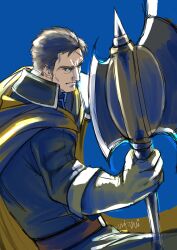 1boy axe battle_axe blue_background commentary_request fire_emblem fire_emblem:_path_of_radiance gloves greil highres holding holding_weapon male_focus nintendo scar scar_on_face scar_on_forehead short_hair solo studio_sugimoto weapon