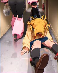 2girls absurdres bag black_socks blonde_hair blue_skirt bodysuit boku_no_hero_academia brown_cardigan brown_shoes can cardigan double_bun fire_extinguisher hair_bun hallway highres holding holding_bag khyle. multiple_girls neckerchief red_neckerchief school_uniform serafuku shoes short_hair skirt socks toga_himiko tracking_device uraraka_ochaco walking