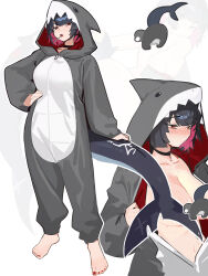 Rule 34 | 1girl, alternate costume, among us twerk (meme), animal costume, black choker, black hair, blush, breasts, choker, colored inner hair, convenient censoring, distr, ellen joe, highres, large breasts, meme, multicolored hair, multiple views, red eyes, red nails, shark costume, short hair, simple background, undressing, white background, zenless zone zero